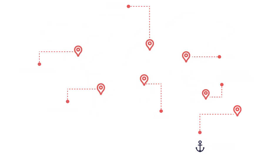 Mapa de las regiones a las que viajamos: Norteamérica, Sudamérica, Europa, África, Asia, Australia y cruceros